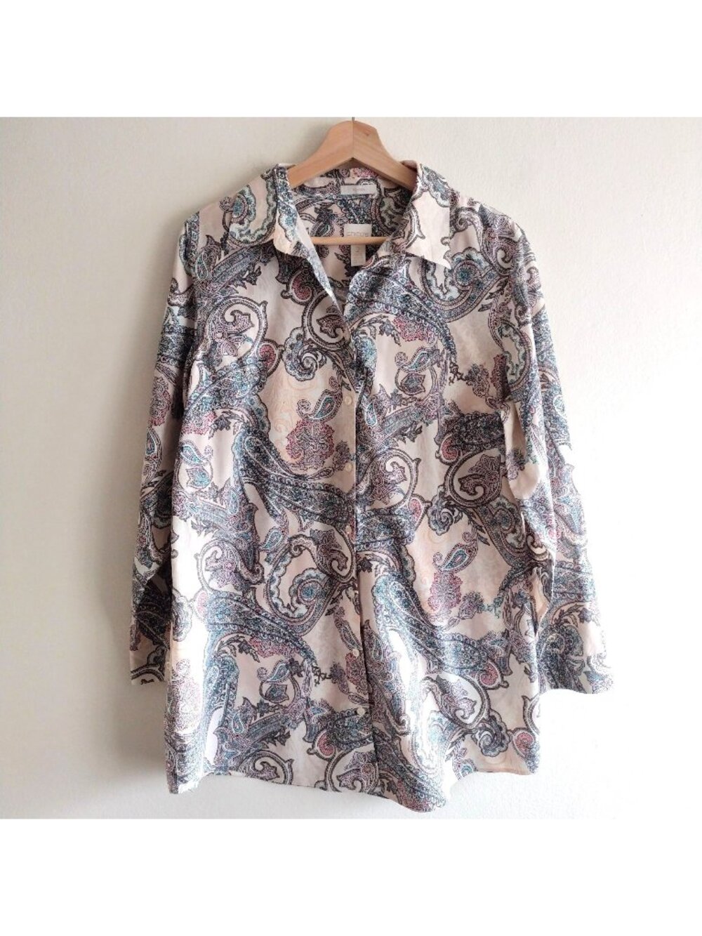 Chicos Pink Paisley Shirt L No Iron Button Front Tunic Length Cotton Top Sz 2 - Picture 1 of 10